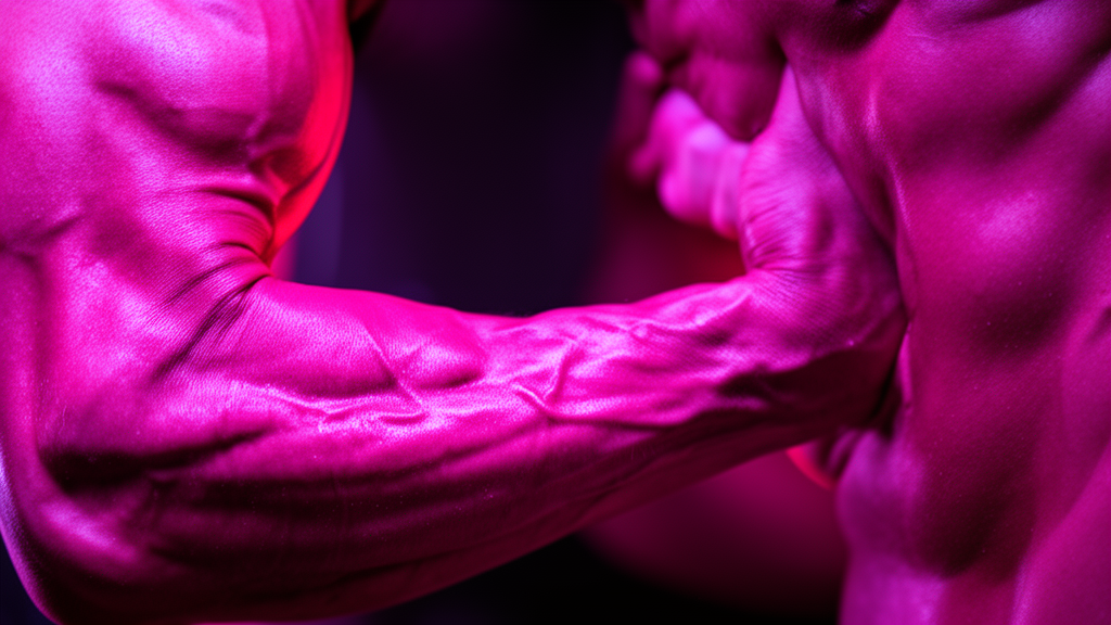 Close-up of a bicep curl with neon magenta highlights showing metabolic pump