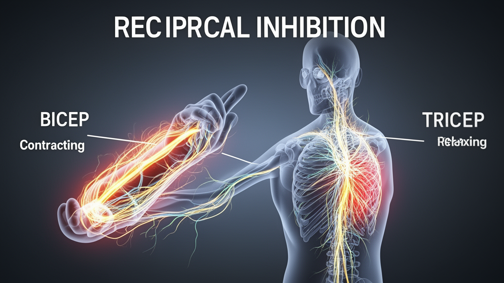 Scientific diagram illustrating bicep and tricep reciprocal inhibition during antagonist supersets