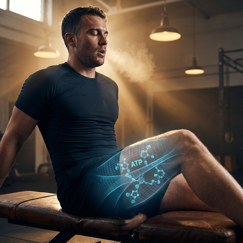 Athlete resting on a weight bench with holographic ATP recovery visualization