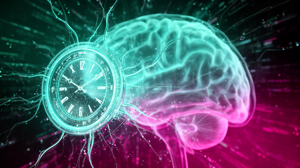 Futuristic neural network visualization with glowing synapses shaped like a clock face