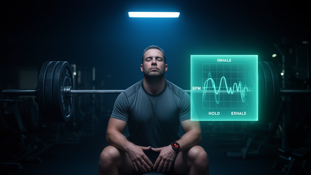 Athlete doing slow controlled breathing between sets in a strength gym