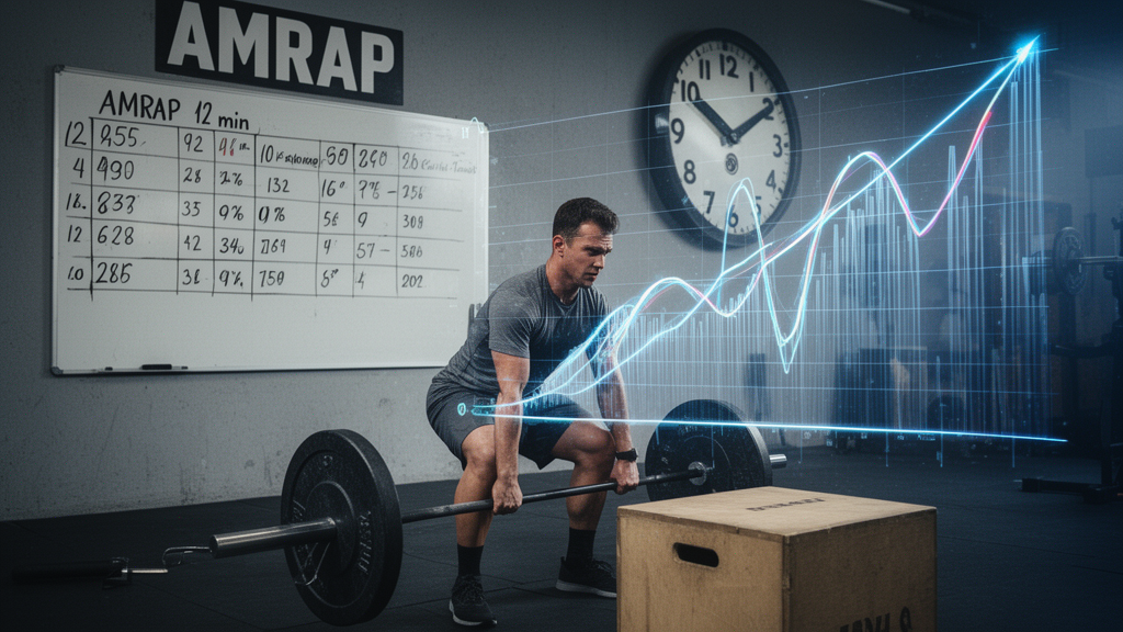 CrossFit athlete pausing between rounds of a barbell conditioning workout with a clock on the wall