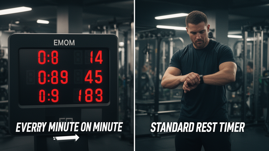 Split screen comparison of EMOM training vs traditional rest period setup