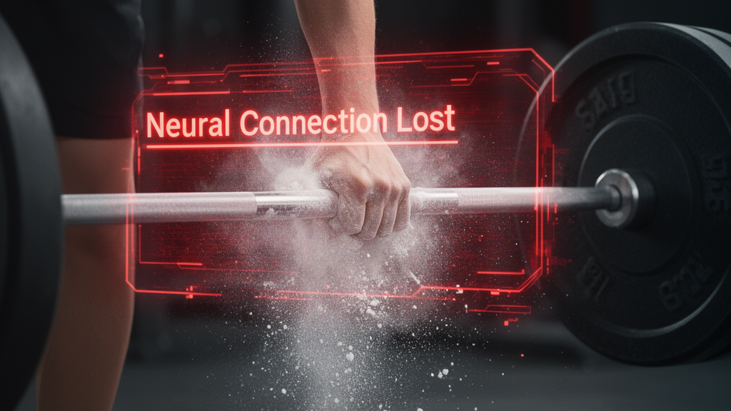 Extreme close-up of a hand slipping off a chalked barbell with 'Neural Connection Lost' warning