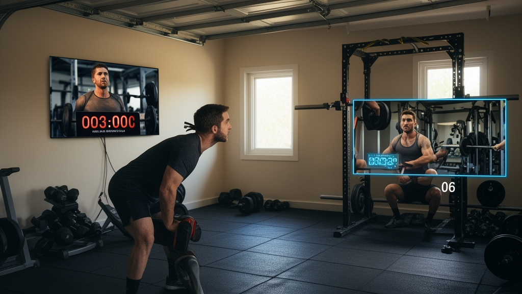 Home gym setup with a barbell and a rest timer running on a phone propped against the wall