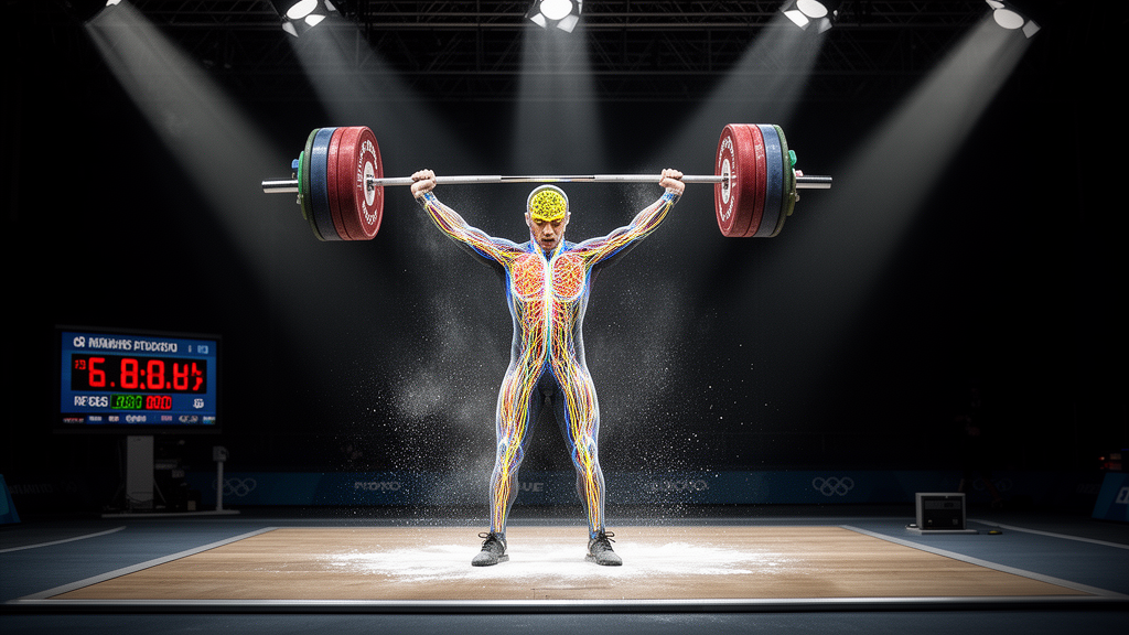 Olympic weightlifter at the top of a clean and jerk with a rest timer set to 5 minutes