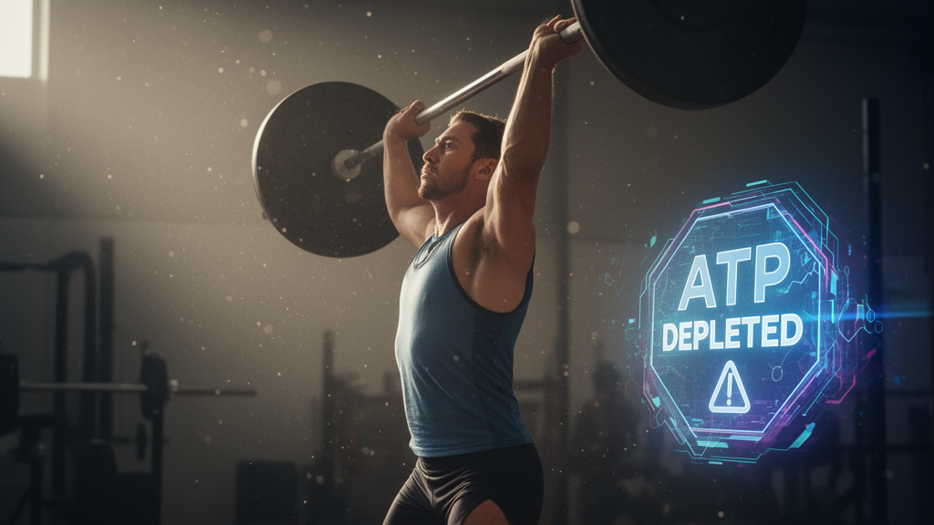 Powerlifter locking out a heavy overhead press with holographic ATP depletion warning