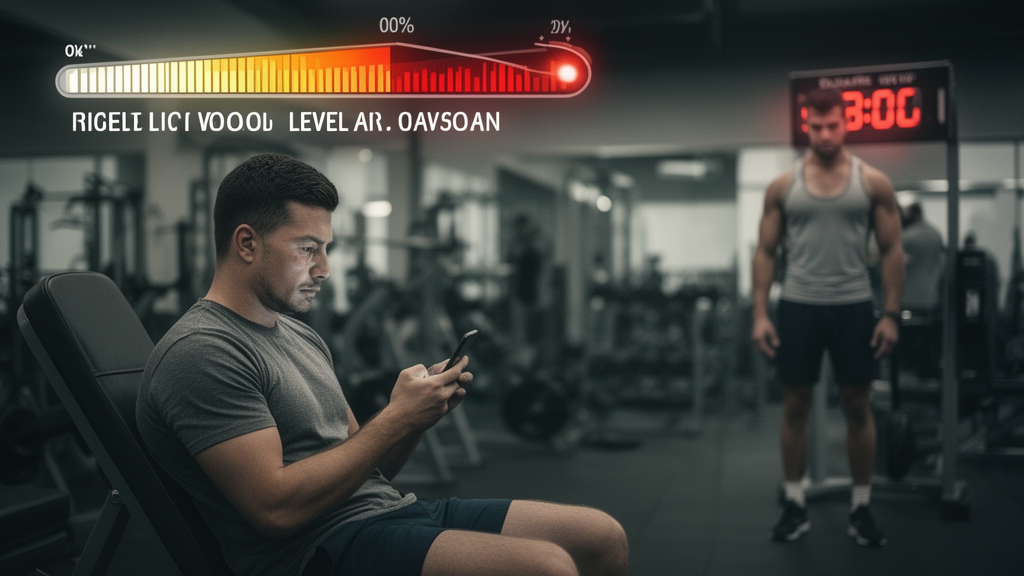Gym-goer looking at a phone during a rest period with a countdown visible on screen
