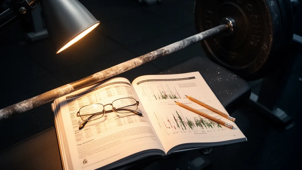 An open exercise-science journal on a gym bench showing rest-period data tables beside a chalked barbell