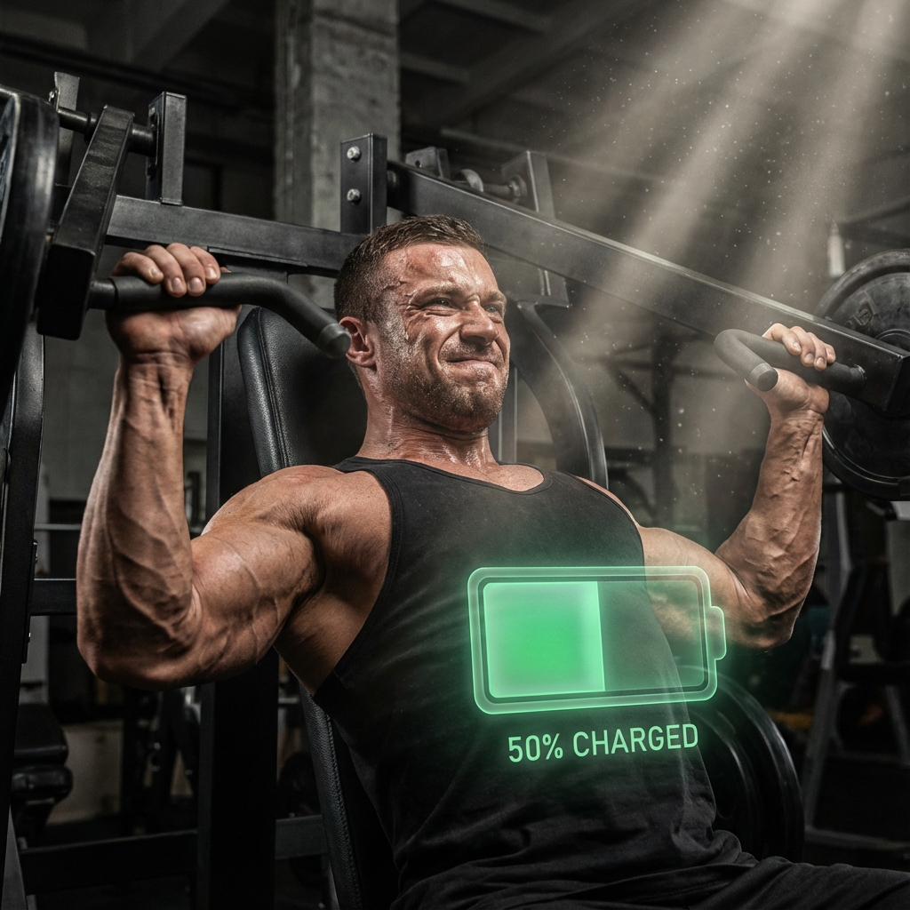 Athlete performing rest-pause set with intense focus and biological battery overlay