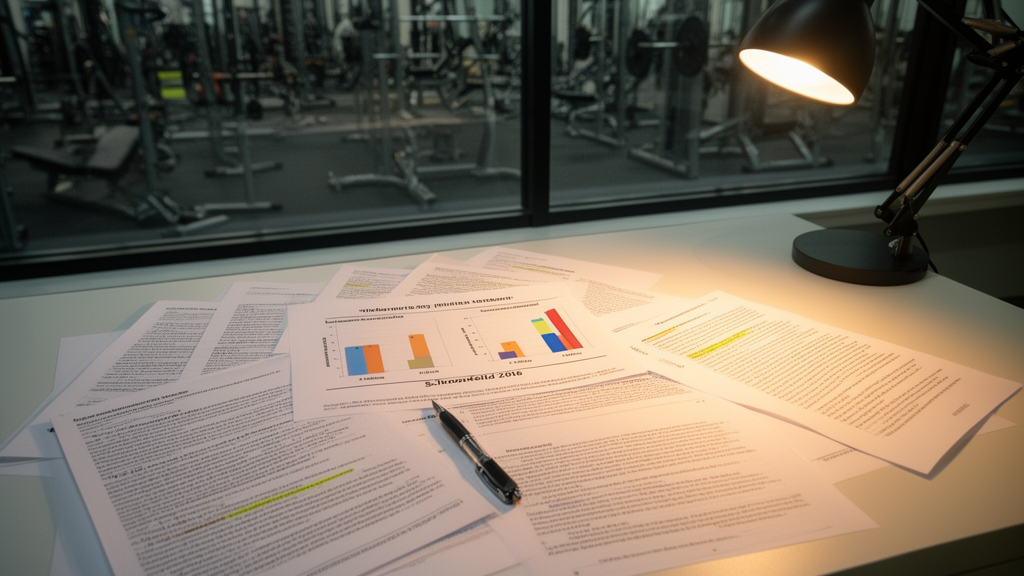 Scientific journal pages and a graph showing rest period outcomes for strength versus hypertrophy