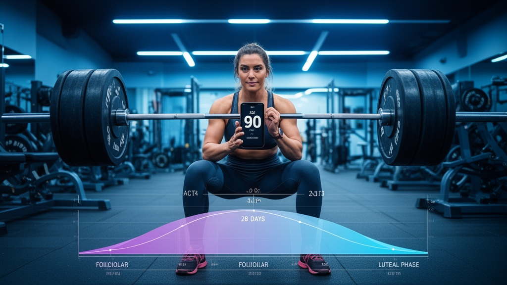Female athlete checking a rest timer between barbell sets in a strength gym
