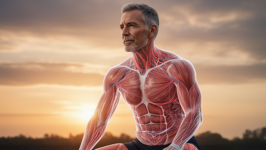 Portrait of a fit older athlete resting with visible biological recovery indicators