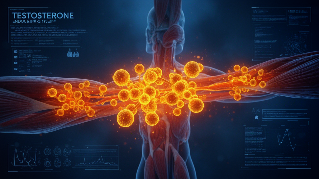 Scientific visualization of testosterone molecules circulating through muscle tissue