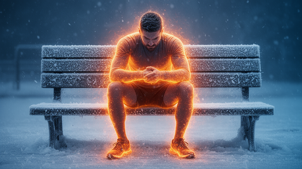 Athlete sitting on a bench with frost effects illustrating loss of muscle temperature and potentiation