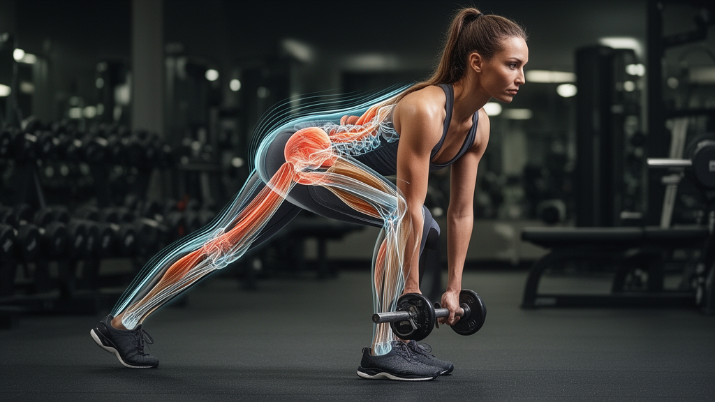 Side view of RDL exercise with biomechanical overlay highlighting posterior chain tension