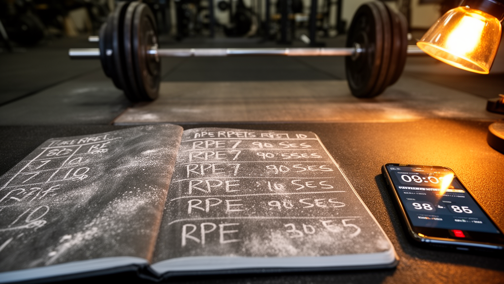 A training log with RPE scores and a rest timer preset selection guide beside it