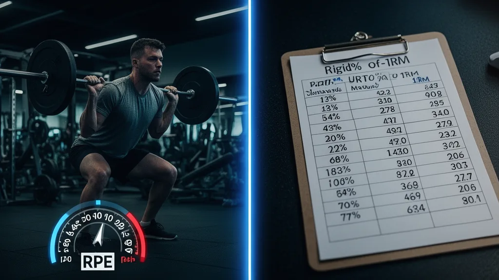 Split image comparing a lifter judging effort by RPE against a clipboard of fixed percentage loads
