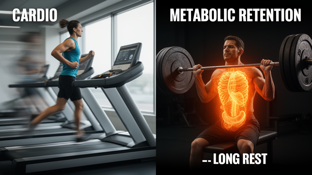 Split screen comparing cardio exercise vs heavy lifting with metabolic retention indicators