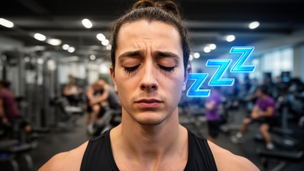 Athlete with drooping eyes in a busy gym with holographic Zzz icons indicating drowsiness