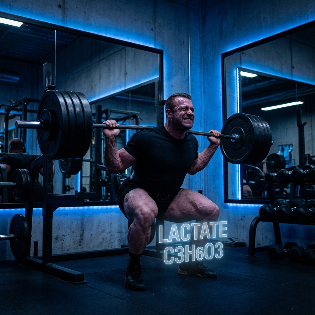 Bodybuilder performing a heavy squat with metabolic stress visualization