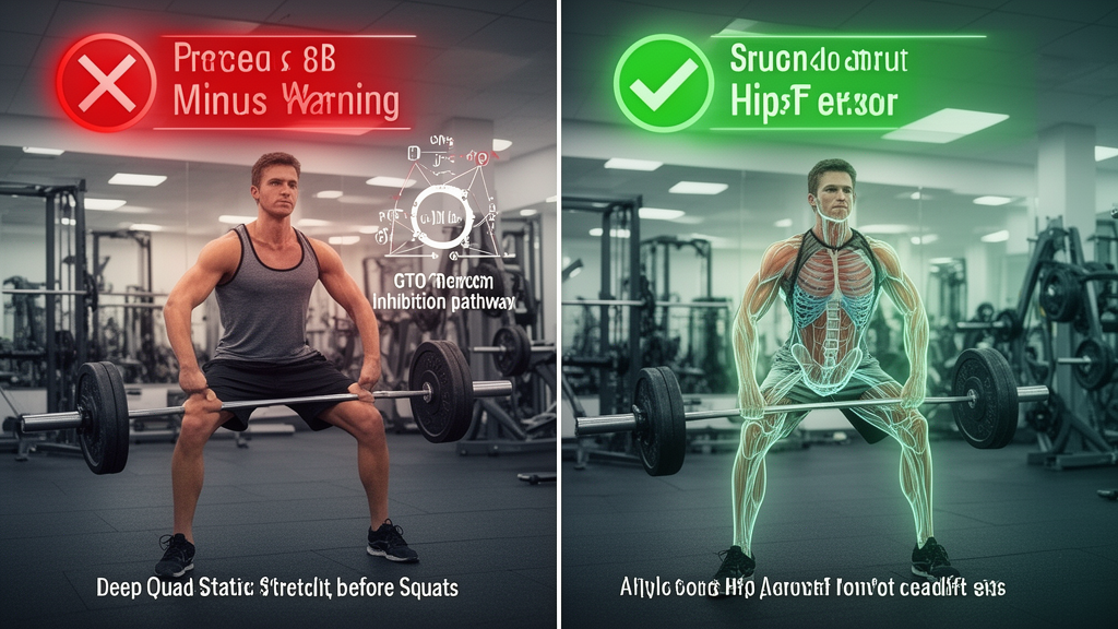 Athlete doing a hip flexor stretch between squat sets with a rest timer on the floor