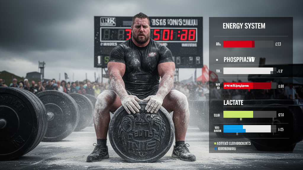 Strongman competitor resting between atlas stone attempts at an event