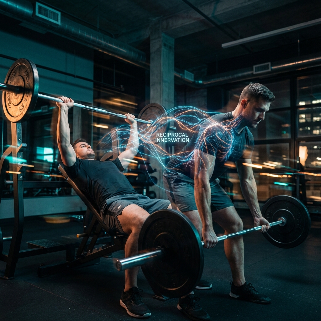 Athlete performing an agonist-antagonist superset with reciprocal innervation visualization