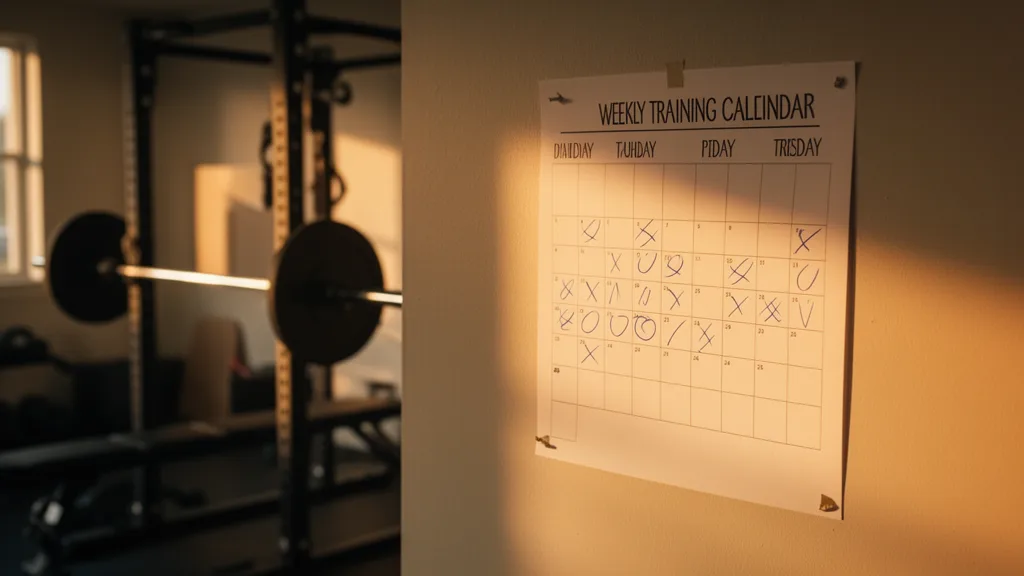 A weekly training calendar on a home gym wall with training days marked