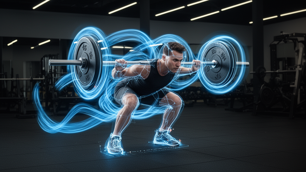 Athlete performing explosive warm-up sets with technical biomechanical energy trails