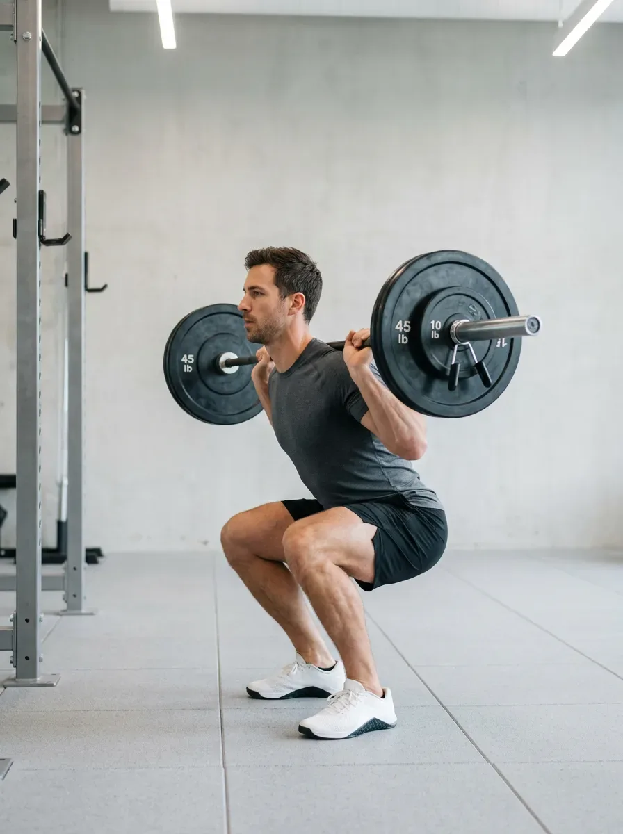 Athlete at the bottom of a back squat with thighs parallel to the floor and torso upright