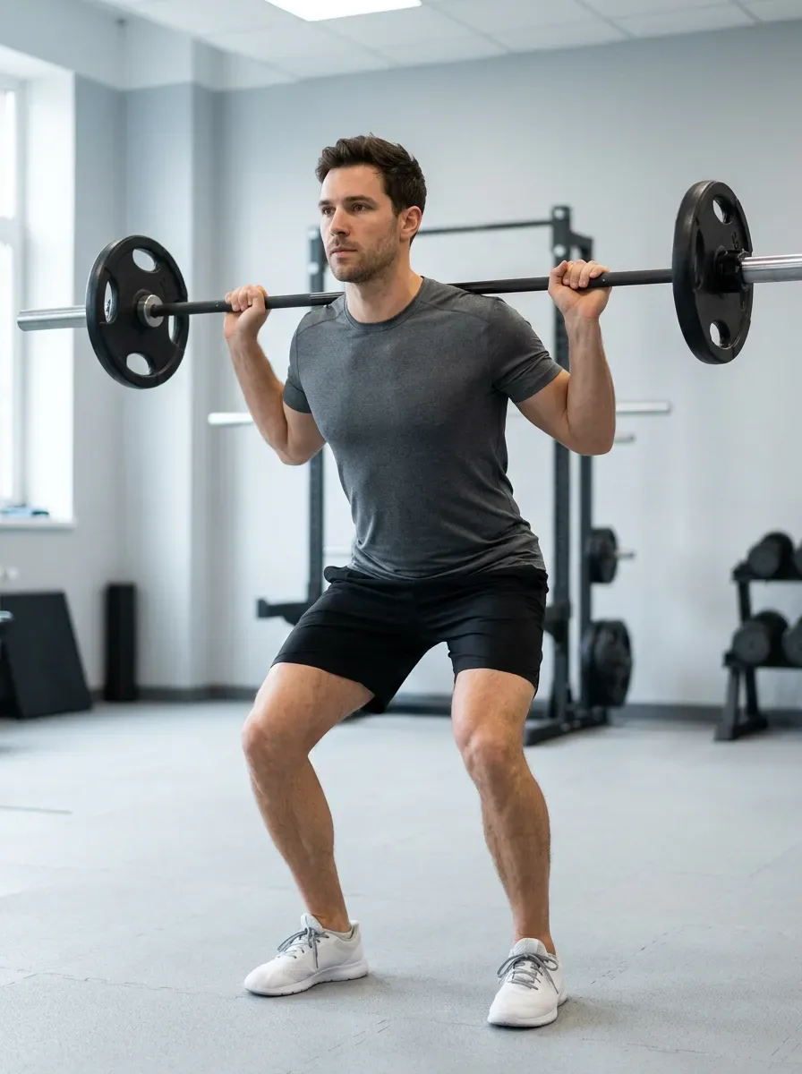 Athlete descending into a back squat with hips travelling back and thighs halfway to parallel