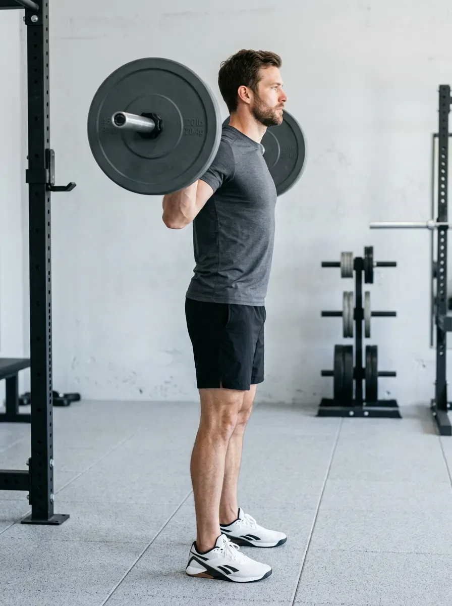 Athlete standing with a loaded barbell racked across his upper back ready to squat
