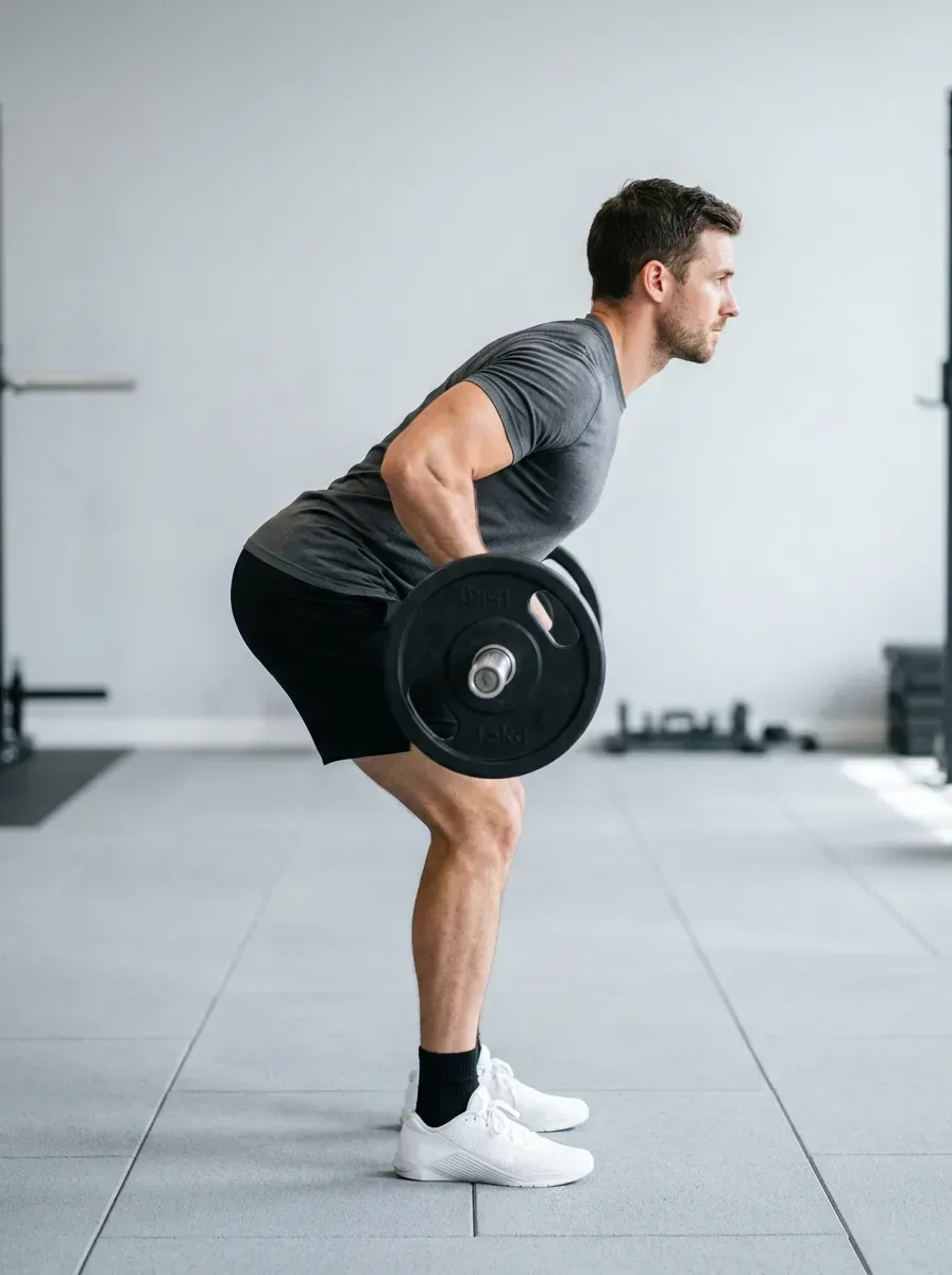 Athlete at the top of a barbell row with the bar at the abdomen and shoulder blades squeezed