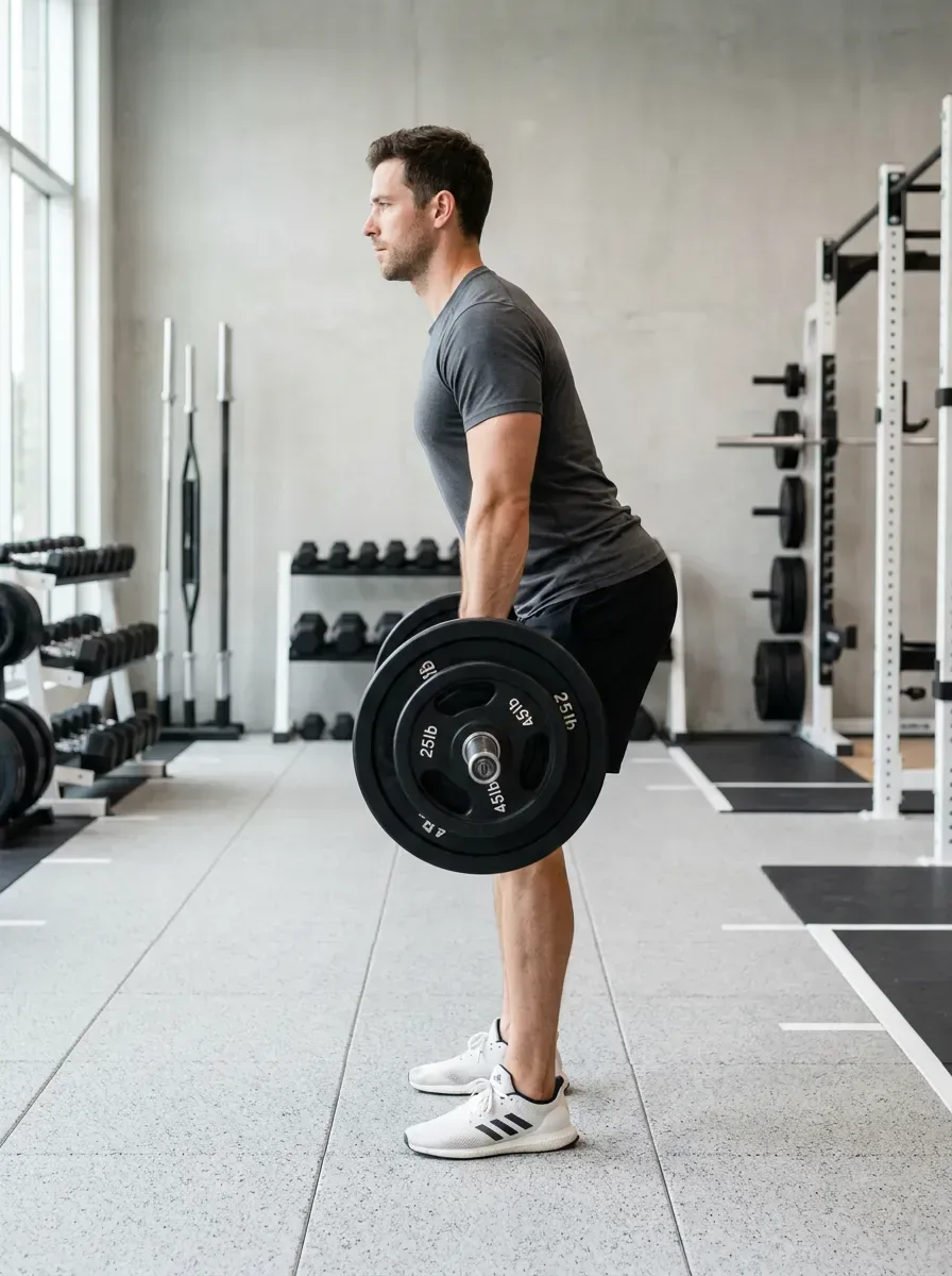 Athlete hinged forward at 45 degrees holding a barbell at arms length with a flat back