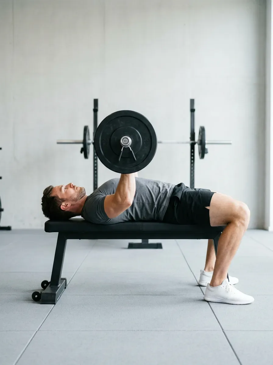 Athlete with a loaded barbell touching the mid chest at the bottom of a bench press