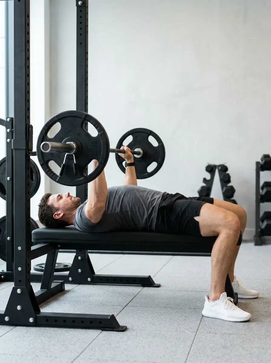 Athlete lowering a loaded barbell during a bench press with elbows tucked