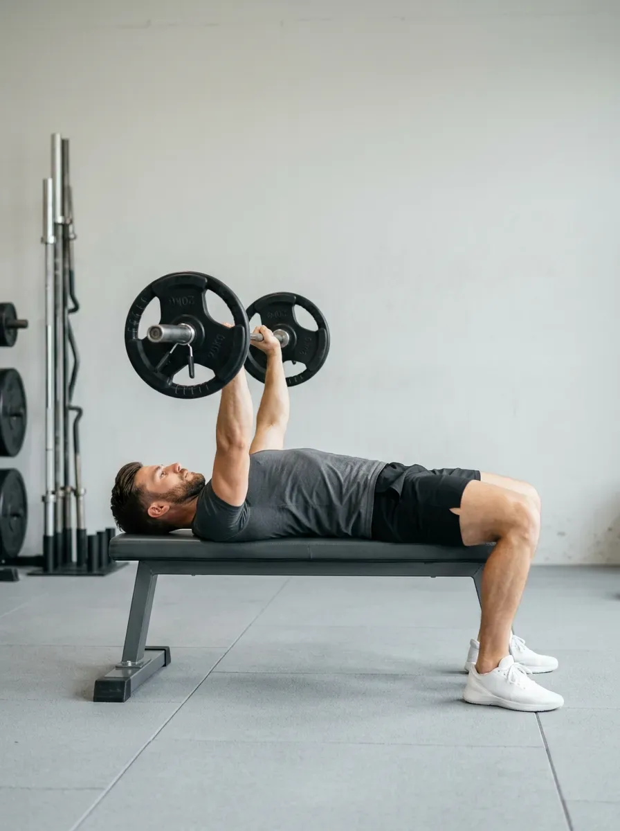 Athlete lying on a flat bench holding a loaded barbell at arms length above the chest