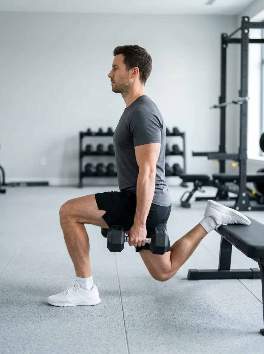 Athlete at the bottom of a Bulgarian split squat with the front thigh parallel to the floor