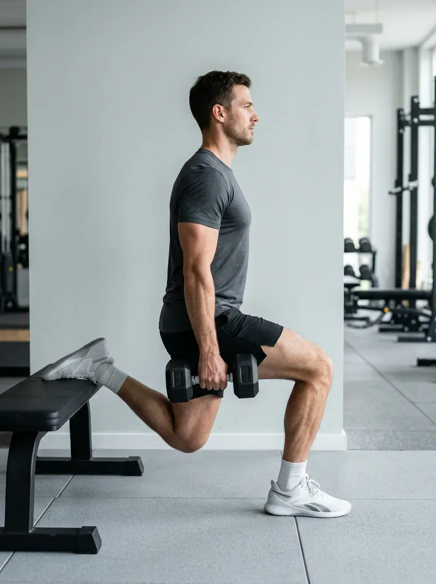 Athlete descending into a Bulgarian split squat with the rear foot elevated on a bench