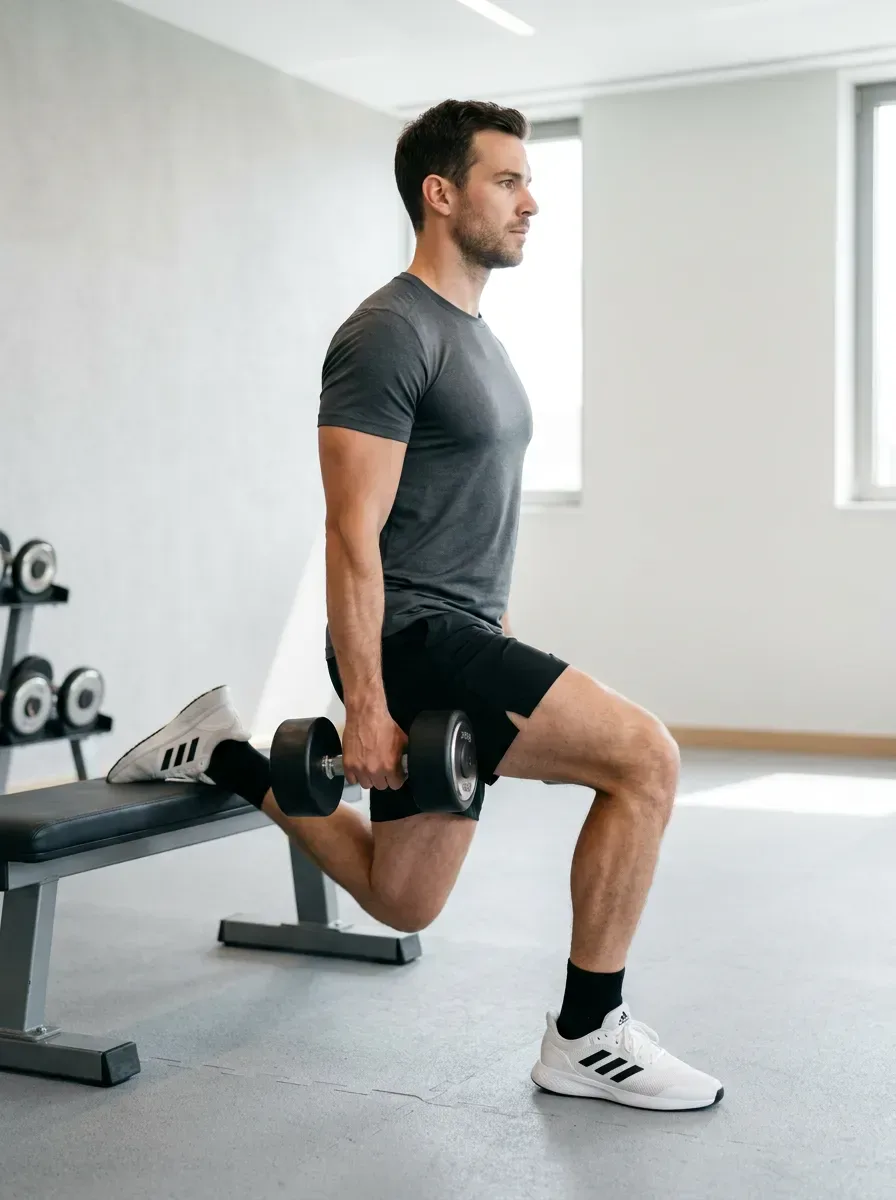 Athlete in a split stance with rear foot on a bench holding dumbbells at his sides