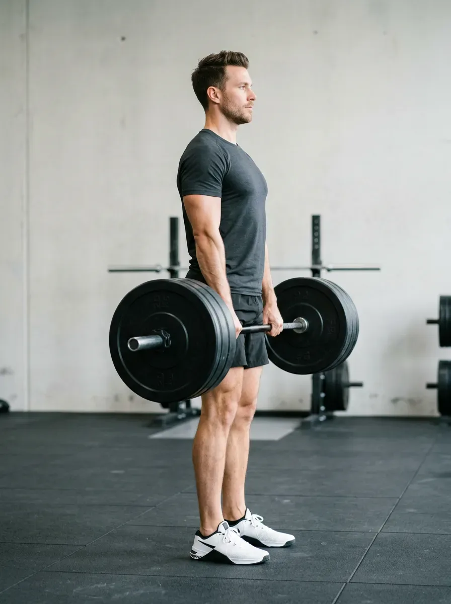 Athlete standing fully upright at deadlift lockout holding a loaded barbell