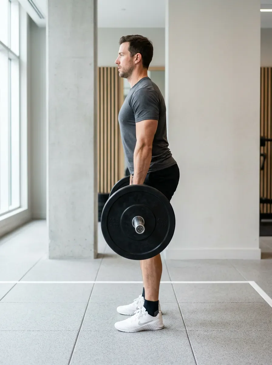 Athlete pulling a loaded barbell past the knees during a deadlift with a flat back