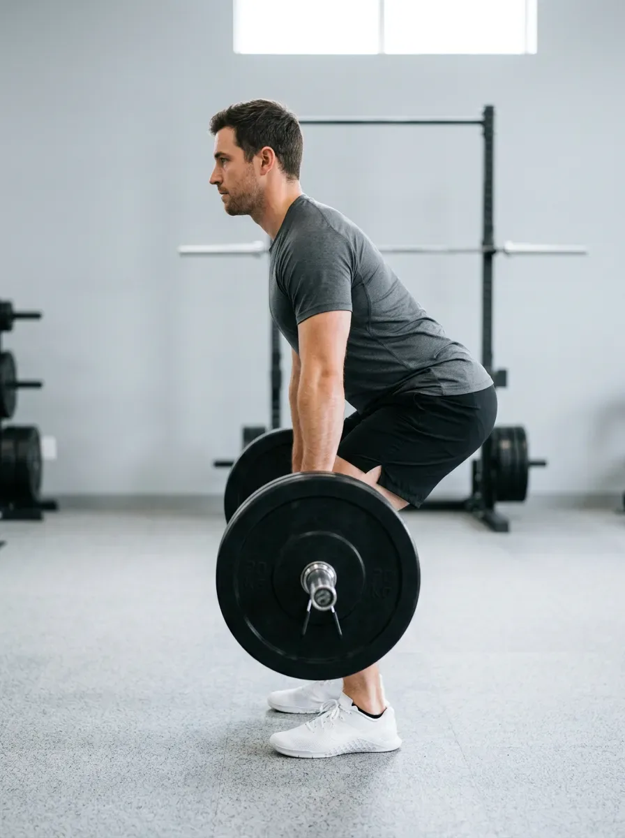 Athlete set up over a loaded barbell in the deadlift start position with a flat back