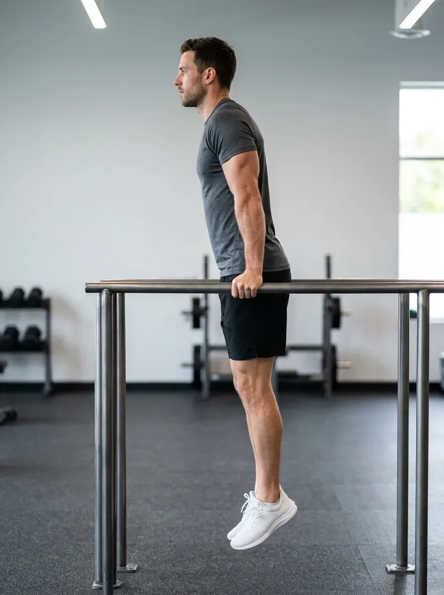 Athlete pressing back to the locked out top position of a parallel bar dip