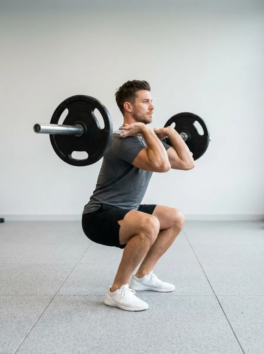 Athlete at the bottom of a front squat with thighs parallel and torso vertical