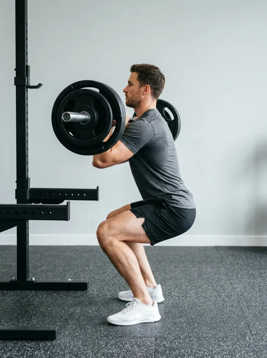 Athlete descending into a front squat with elbows high and torso very upright
