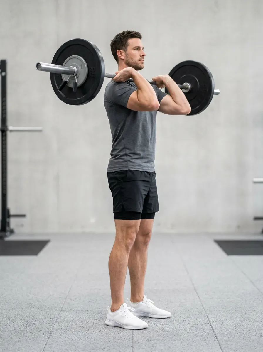 Athlete standing with a barbell racked across the front shoulders with elbows high