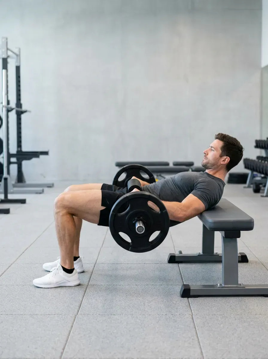 Athlete at full lockout of a barbell hip thrust with torso and thighs level and hips fully extended
