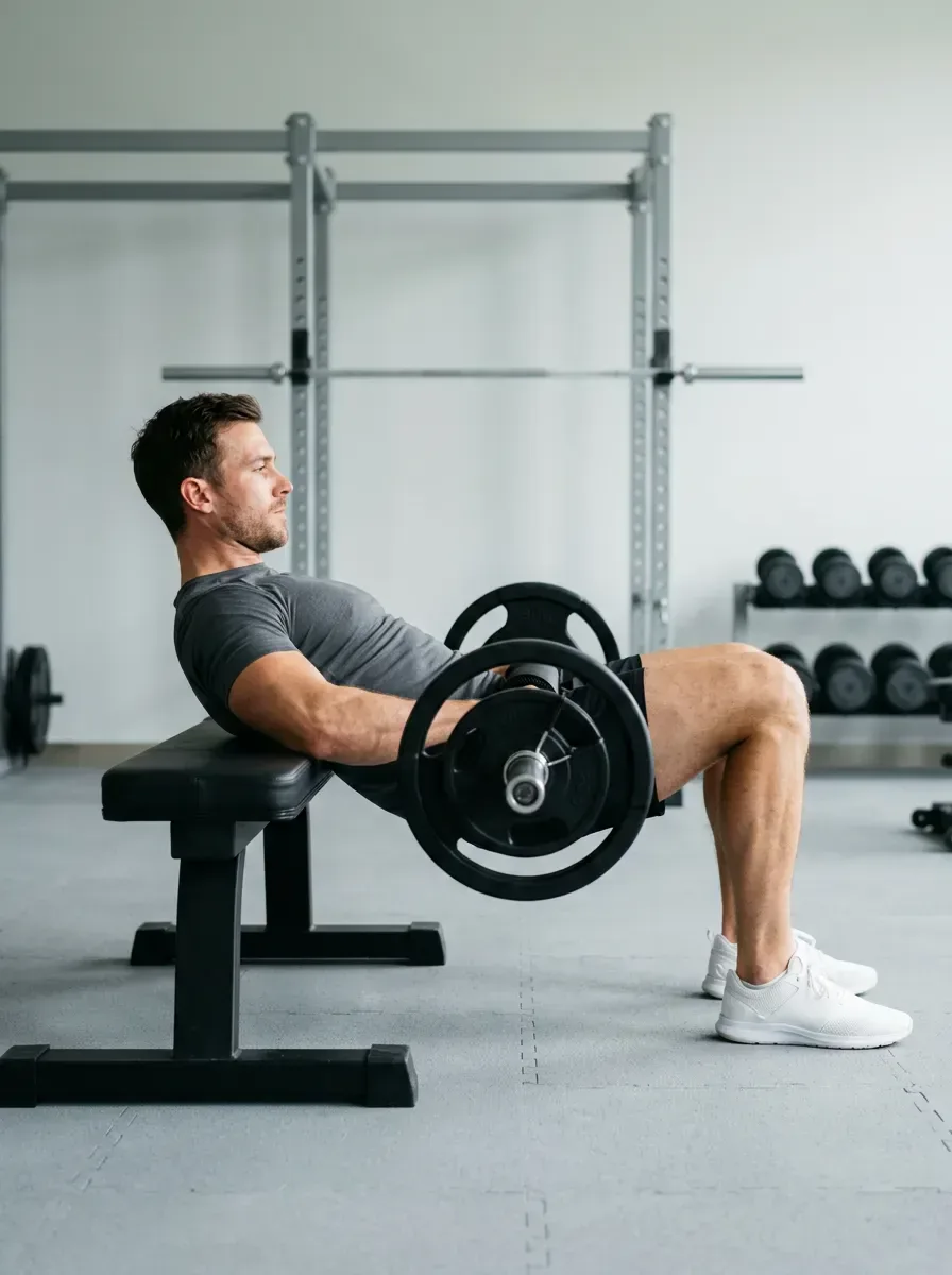 Athlete driving the hips upward mid rep during a barbell hip thrust